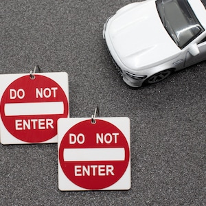 May include: Two white wooden signs with red circles and white text that reads "Do Not Enter". The signs are hanging from silver hooks. A white toy car is in the background.