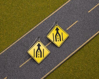 Merge Lanes Road Sign Earrings: Traffic Sign Funny Earrings, Girls Road Trip, Traffic Engineer Gift Ideas, Unique Earrings Gift for Her