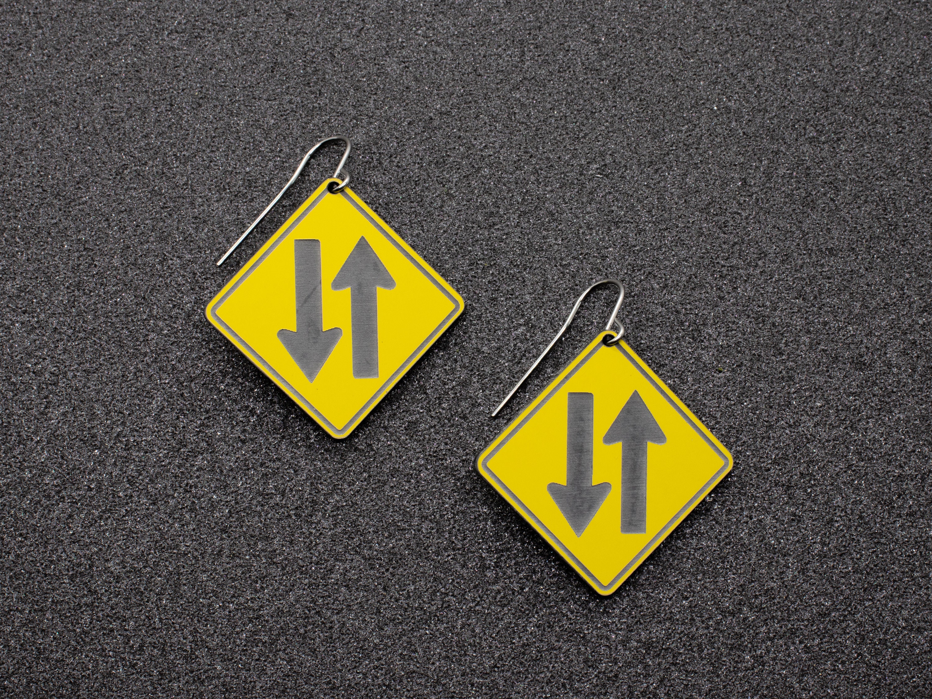Two Way Traffic Road Sign Earrings, Laser-Cut & Laser-Etched Acrylic