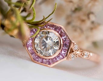 Art deco Moissanite diamond engagement ring, Pink sapphire halo, Rose gold ring, Vintage wedding ring, Diamond ring, Vintage rose gold ring