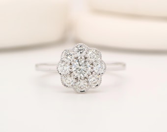 Victorian style daisy cluster natural diamond ring in white gold or yellow gold - Traditional engagement ring