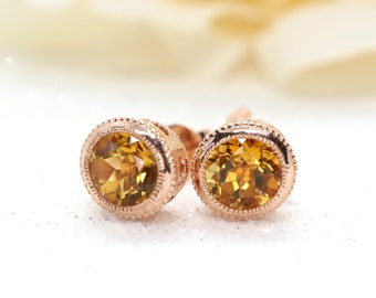 Citrine Gemstone Stud Earrings: Gold Plated Sterling Silver