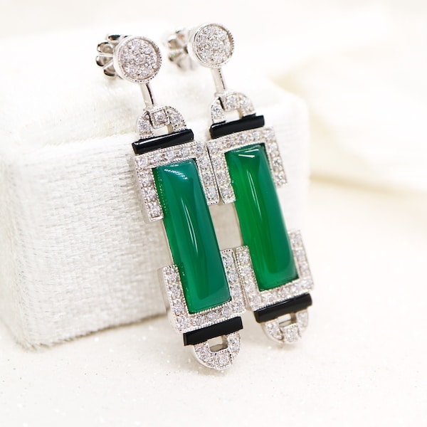 Art deco earrings in sterling silver, green Agate and black Onyx - Statement art deco drop earrings, cocktail earrings, Green deco jewellery
