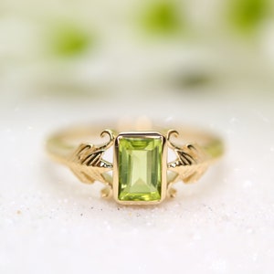 Art deco style gold ring with green peridot stone in emerald cut Peridot ring / 9k gold ring image 1