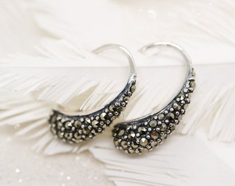 Marcasite and sterling silver ear hook - Vintage marcasite earrings with a modern twist, drop hook style earrings in marcasite and silver