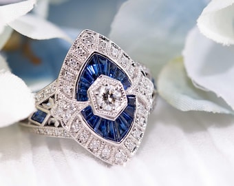 Art Deco Blue Sapphire Ring: White Gold Diamond Accent Ring