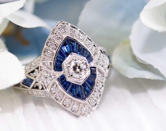 Natural blue sapphire art deco ring in white gold setting with diamond accents - Art deco ring, White gold ring, Vintage diamond