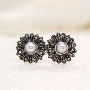 Pearl and marcasite flower earrings in sterling silver, marcasite and silver earrings with pearl centre, daisy flower earring studs