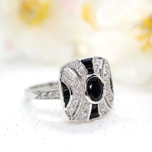Art deco pattern onyx and silver ring - 1920s design / art deco vintage / black gemstone / onyx jewelry / gatsby era