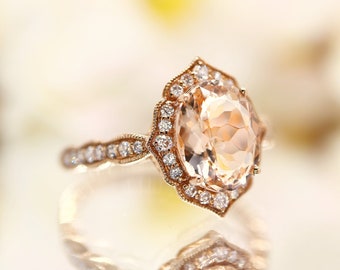 Morganite engagement ring in vintage scalloped halo set with diamonds in rose gold, Vintage rose gold ring