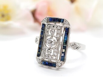 Blue sapphire and sterling silver ring in Art Deco design - Vintage sapphire engagement ring, vintage wedding ring, sapphire ring