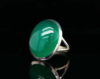 Large oval natural chrysoprase ring set in sterling silver
