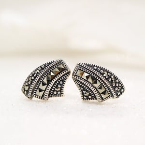 Marcasite Shell Studs: Sterling Silver Art Deco Earrings
