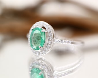 Emerald Halo Ring: Oval Cut, 18k White Gold Plated Sterling Silver