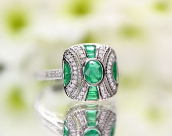 Art Deco Emerald Ring: Sterling Silver, 1920s Gatsby Style