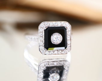 Black onyx square Gatsby ring - vintage 1920's design/Gatsby ring/Black onyx and sterling silver/Antique ring