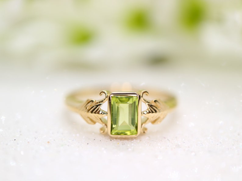 Art deco style gold ring with green peridot stone in emerald cut Peridot ring / 9k gold ring image 1