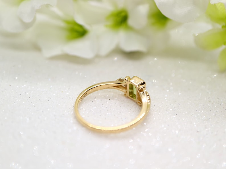 Art deco style gold ring with green peridot stone in emerald cut Peridot ring / 9k gold ring image 7