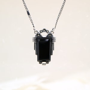 Art Deco Black Onyx Sterling Silver Marcasite Pendant Necklace