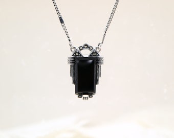 Art Deco Black Onyx Sterling Silver Marcasite Pendant Necklace