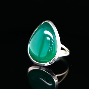 Large pear drop natural chrysoprase ring set in sterling silver