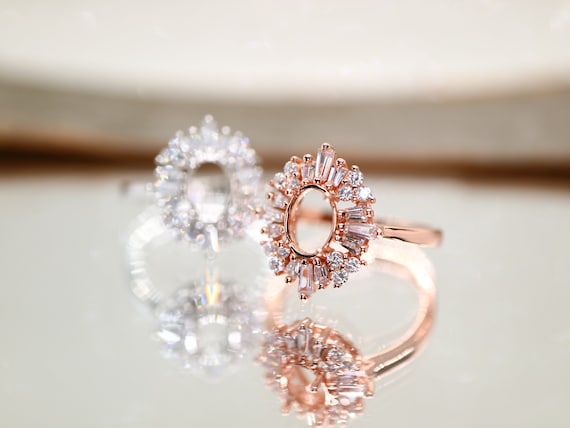Starburst Sterling Silver Ring Setting: 8x6mm Oval, Rose Gold Finish