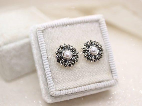 Boucles D'oreilles Pendantes Argent 925 – Perle Onyx Noir Et Marcassites – Occasion Comme Neuf