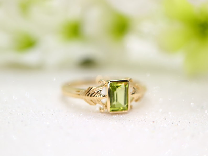 Art deco style gold ring with green peridot stone in emerald cut Peridot ring / 9k gold ring image 3