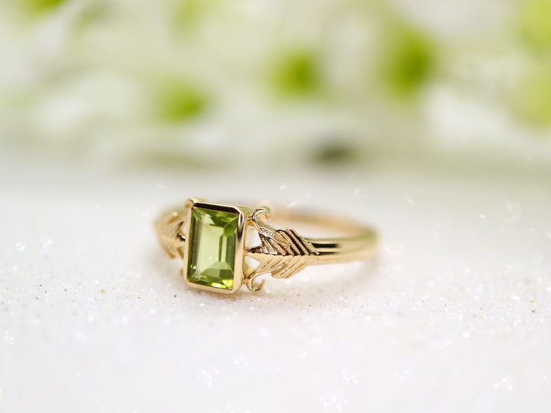 Art deco style gold ring with green peridot stone in emerald cut Peridot ring / 9k gold ring image 4