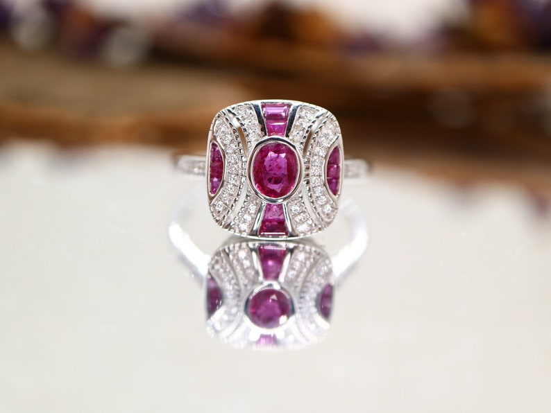 Art deco pattern ruby and silver ring - 1920s design / art deco vintage / ruby gemstone / ruby jewelry / gatsby era / cherry ruby 