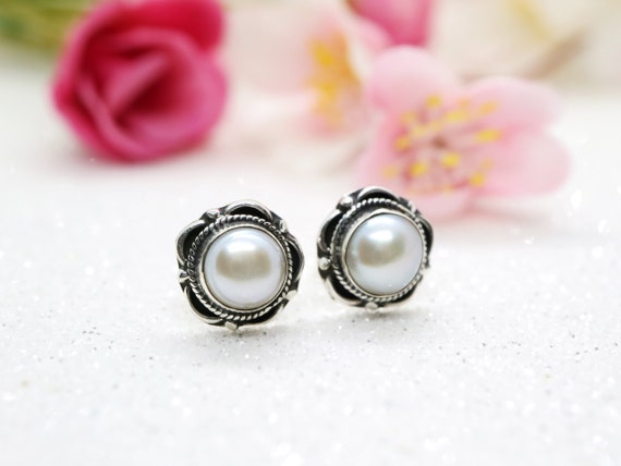 Boucles D'oreilles Clous Argent 925, Nacre Blanche Fleur 12 Mm – Neuf Sans Emballage