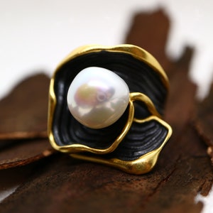 Contemporary design large pearl ring made in anodised sterling silver with large fresh-water pearl in 18k Yellow gold plating