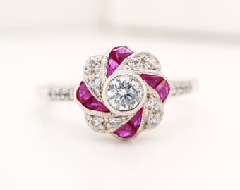 Vintage Art Deco Ruby Diamond Ring: Pinwheel Design