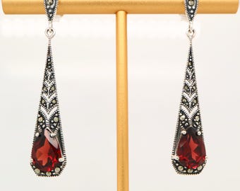 Art Deco garnet drop earrings with marcasite in sterling silver