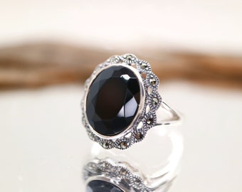 Black Onyx Marcasite Sterling Silver Ring - Neo Victorian