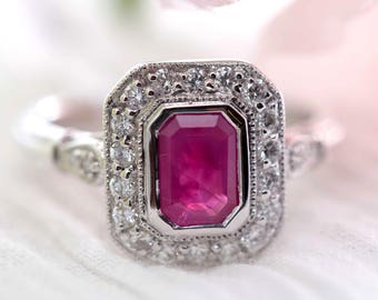 Ruby engagement ring / Natural ruby ring /vintage engagement ring / Art deco ring / White gold wedding ring / Vintage ring