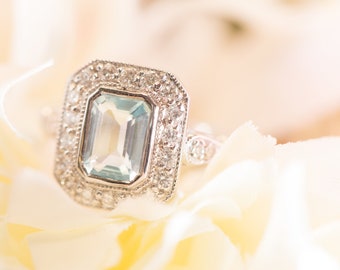 Emerald Cut Art Deco Style Engagement and Wedding Ring, in White Gold and Diamonds with Blue Topaz  Gemstone