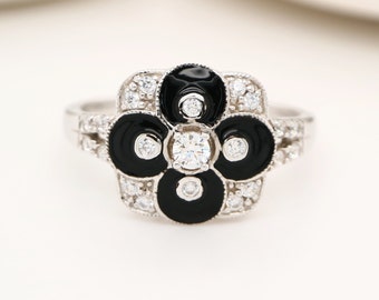 Sterling Silver Black Enamel Ring: Art Deco CZ Ring