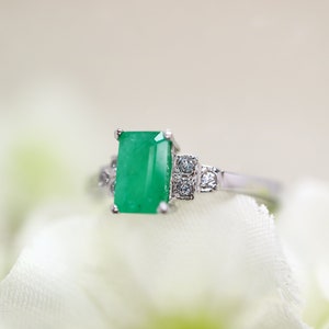 Dainty natural emerald ring in sterling silver with moissanite diamonds set in sterling silver - Natural emerald gemstone ring