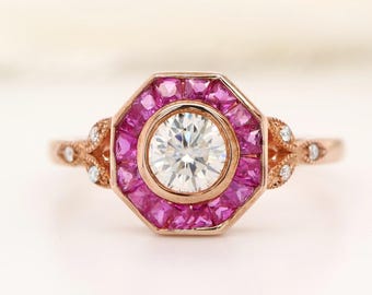 Art Deco Moissanite Engagement Ring: Ruby Halo, Rose Gold, Vintage Style