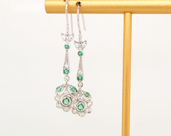 Dainty natural emerald and sterling silver drop earrings: Art Deco vintage design