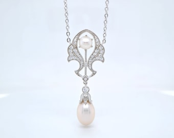 Vintage pearl and silver necklace - Edwardian pearls and silver necklace in sterling silver and freshwater pearls, Vintage cocktail necklace