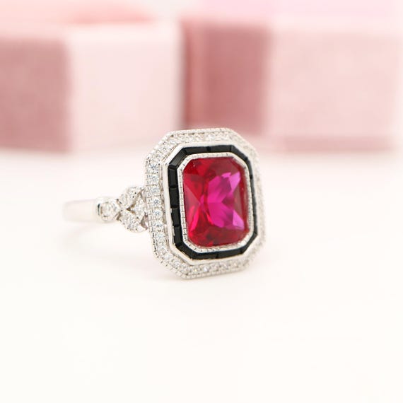 Art Deco Verneuil Ruby Ring: Black Onyx Halo, Sterling Silver