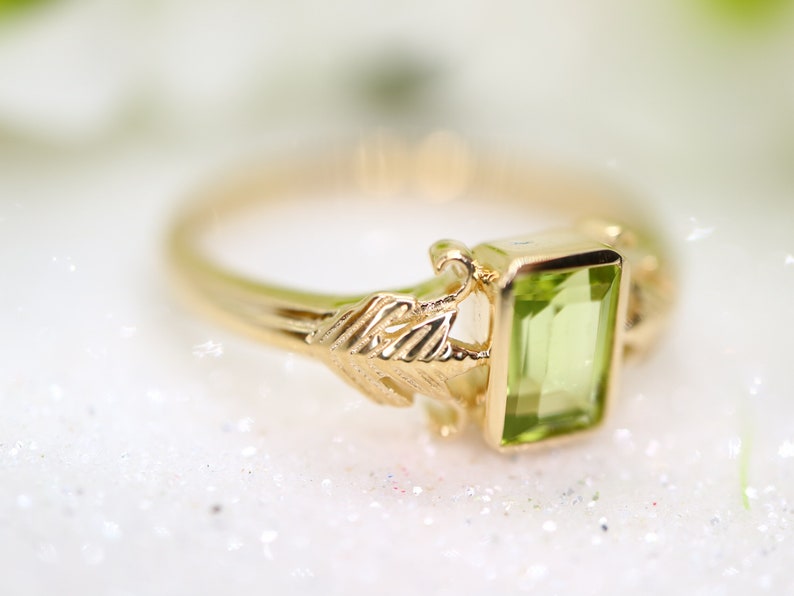 Art deco style gold ring with green peridot stone in emerald cut Peridot ring / 9k gold ring image 2