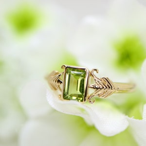 Art deco style gold ring with green peridot stone in emerald cut Peridot ring / 9k gold ring image 5