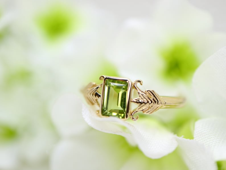 Art deco style gold ring with green peridot stone in emerald cut Peridot ring / 9k gold ring image 5