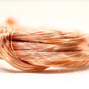 May include: A close-up of a coil of copper wire. The wire is shiny and has a reddish-brown color.