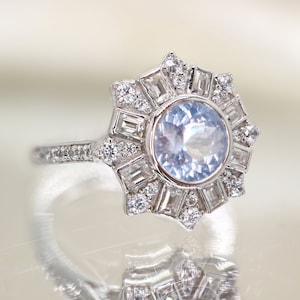 Starburst sapphire ring in white sapphire and diamonds in solid white gold setting, Cornflower blue sapphire ring with diamonds ring