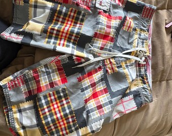 Vintage Patchwork Madras Boardshorts från 686 Röd Gul Grå storlek 32