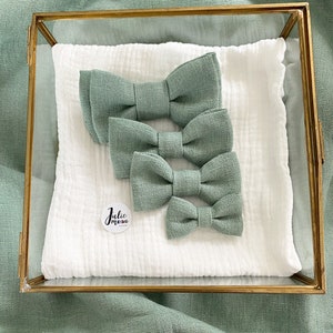 Sage / eucalyptus / green linen bow tie, wedding accessories, knot, man, child, woman, ceremony, civil partnership,